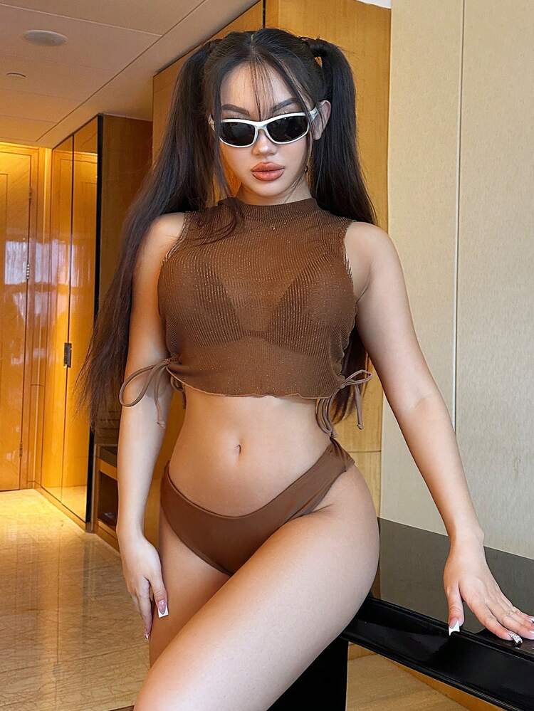 Women's Solid Color Halter Strap Bra & Swim Bottom Bikini Set With Matching Cover Up Top Bathing Suit For Summer Beach