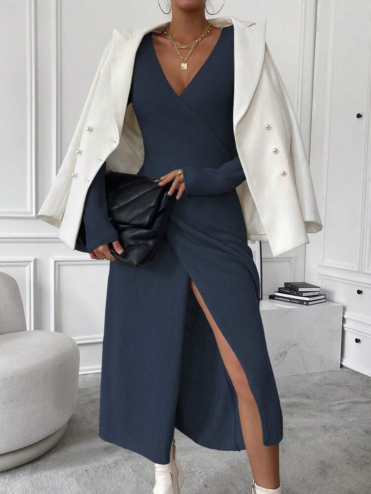 SHEIN Privé Surplice Neck Wrap Hem Sweater Dress - Blue - View 4