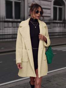 EURMUSE Turn-down Collar Teddy Coat With Double Pockets - Beige - View 5