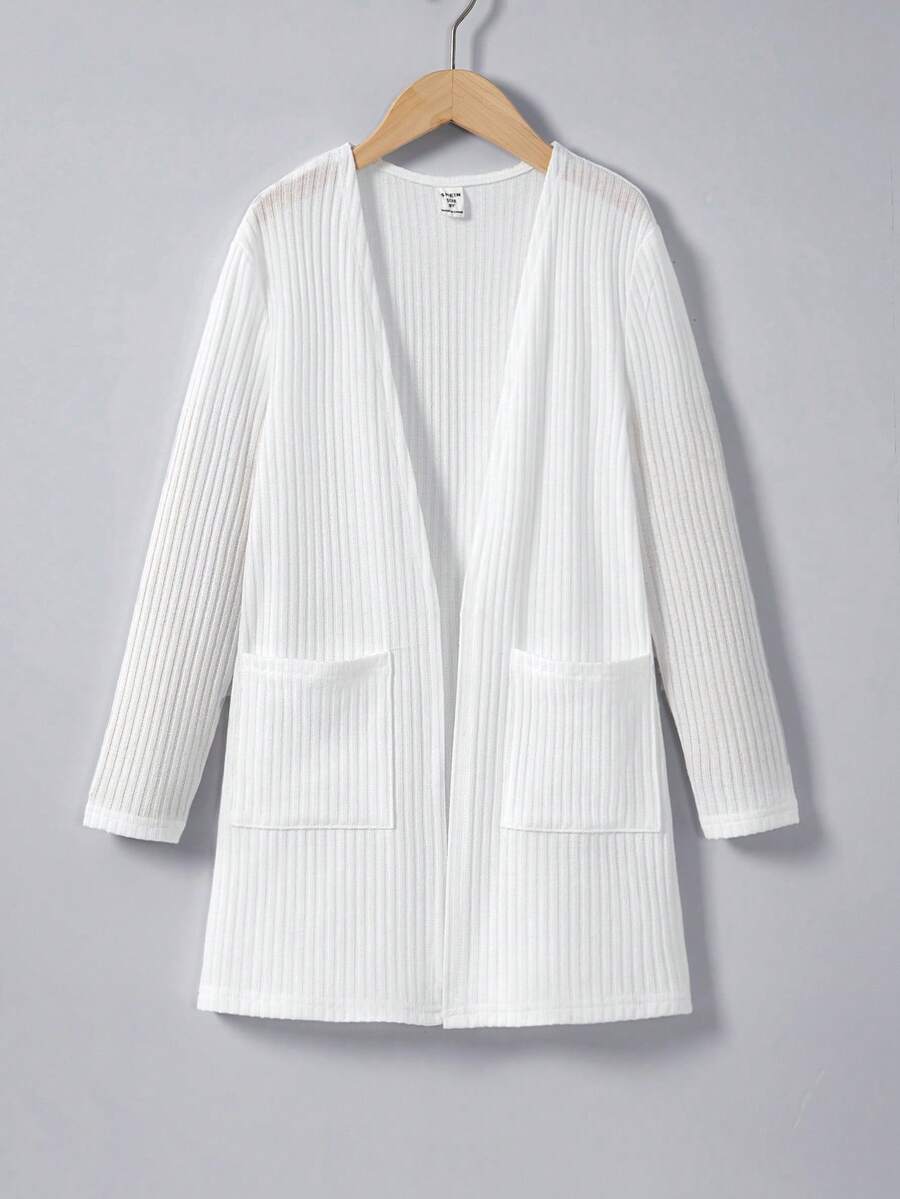 Chaqueta de manga larga de color liso con abertura frontal y doble bolsillo para niña preadolescente - Blanco - Ver 1