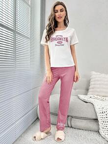 Slogan Graphic Tee & Pants PJ Set - Pink - View 4