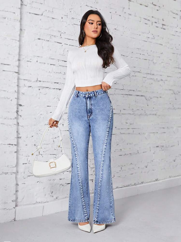 Jeans Flared Pants With Faux Pearl Stud Details