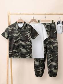 SHEIN 3pcs/Set Tween Boys' Loose Round Neck T-Shirt, Camo Shirt And Elastic Hem Long Pants Set - Army Green - View 3