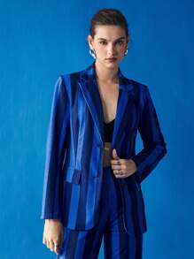 BizChic 條紋圖案前紐扣西裝外套 - 藍色 - 查看 6