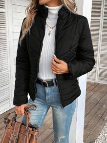 SHEIN Frenchy Solid Color Padded Coat With Zipper - Black - View 3