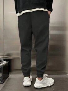 RueChic Men Seam Detail Drawstring Waist Sweatpants - Dark Grey - View 2