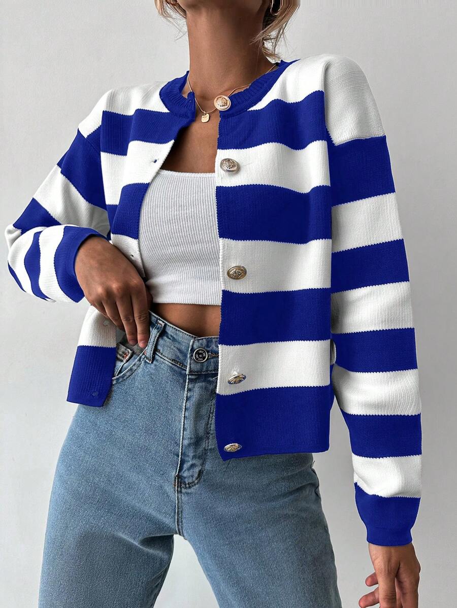 EURMUSE Two Tone Button Front Cardigan - Navy Blue - View 1