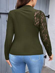 SHEIN Privé 大碼蕾絲拼接小高領T恤 - 軍綠色 - 查看 2