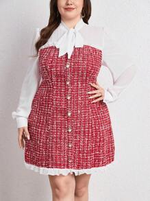 SHEIN Privé 大碼格紋印花繫帶領前紐扣假兩件洋裝 - 紅白色 - 查看 3
