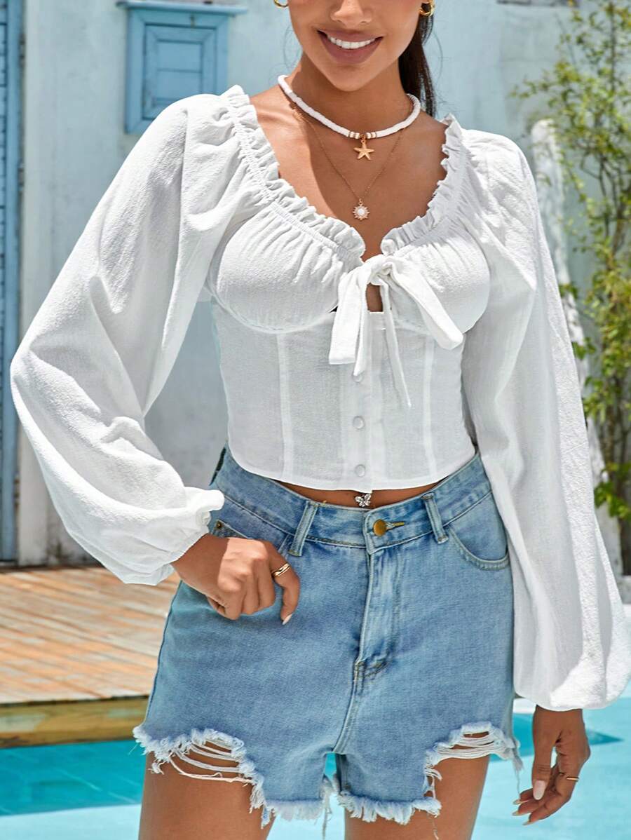 Soleia Frill Trim Knot Front Lantern Sleeve Crop Blouse - White - View 1