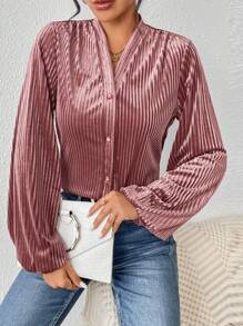 SHEIN Privé Solid Button Front Lantern Sleeve Velvet Shirt - Pink - View 6
