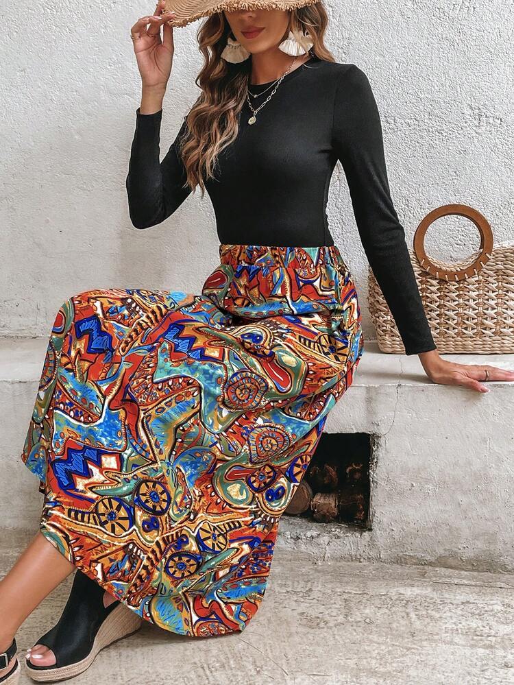 Solid Tee & Paisley Print Skirt