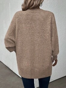 SHEIN LUNE V-Neck Drop Shoulder Sweater With Slit Hem Knit Pullover Fall Winter Sweater - Brown - View 2