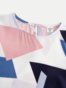 SHEIN Chicas Blusa con estampado geométrico ribete con fruncido con cinturón - Multicolor - Ver 4