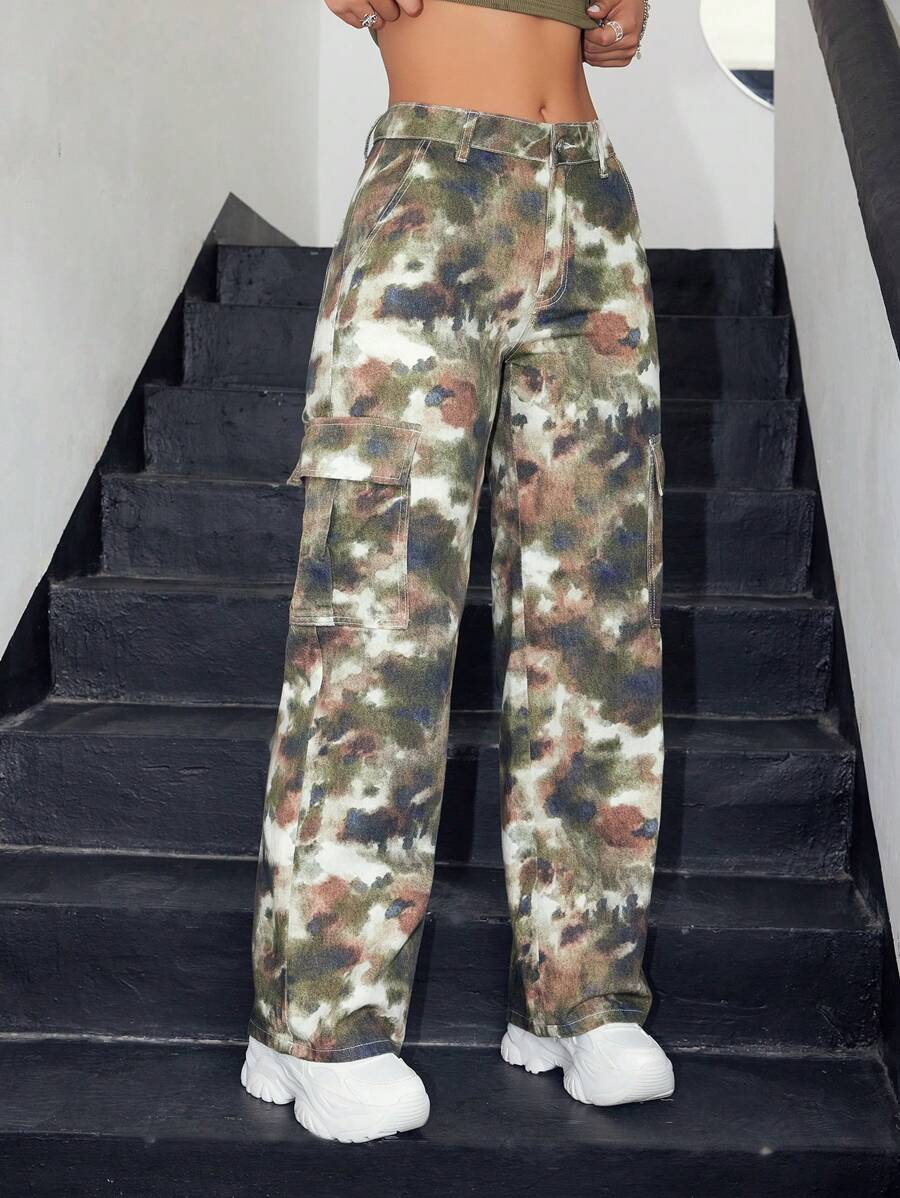 SHEIN EZwear 女士們紮染牛仔工裝褲 - 彩色 - 查看 1