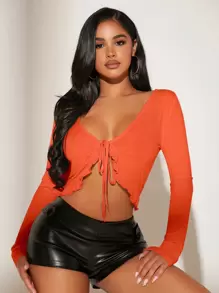 SHEIN SXY 女士蕾絲細節系帶前短上衣 - 橘色 - 查看 1