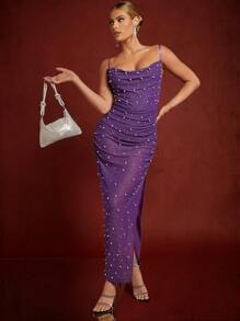 SHEIN Unity 珍珠串飾分襟襯衫連身裙 - 紫色 - 查看 4