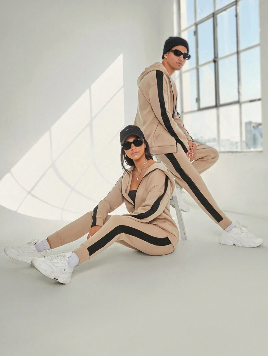 SWAVVY Nam 1 Miếng Tương phản Đường may bên Áo Zip Up Hoodie & 1 Miếng Quần thể thao - Nhiều màu - Xem 1