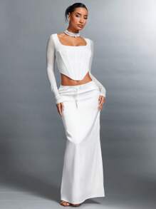 SHEIN BAE 可爱露脐上衣 圣诞派对 新年夜 白色方领长袖半透视鱼骨底文胸 简约派对上衣 - 白色 - 查看 3