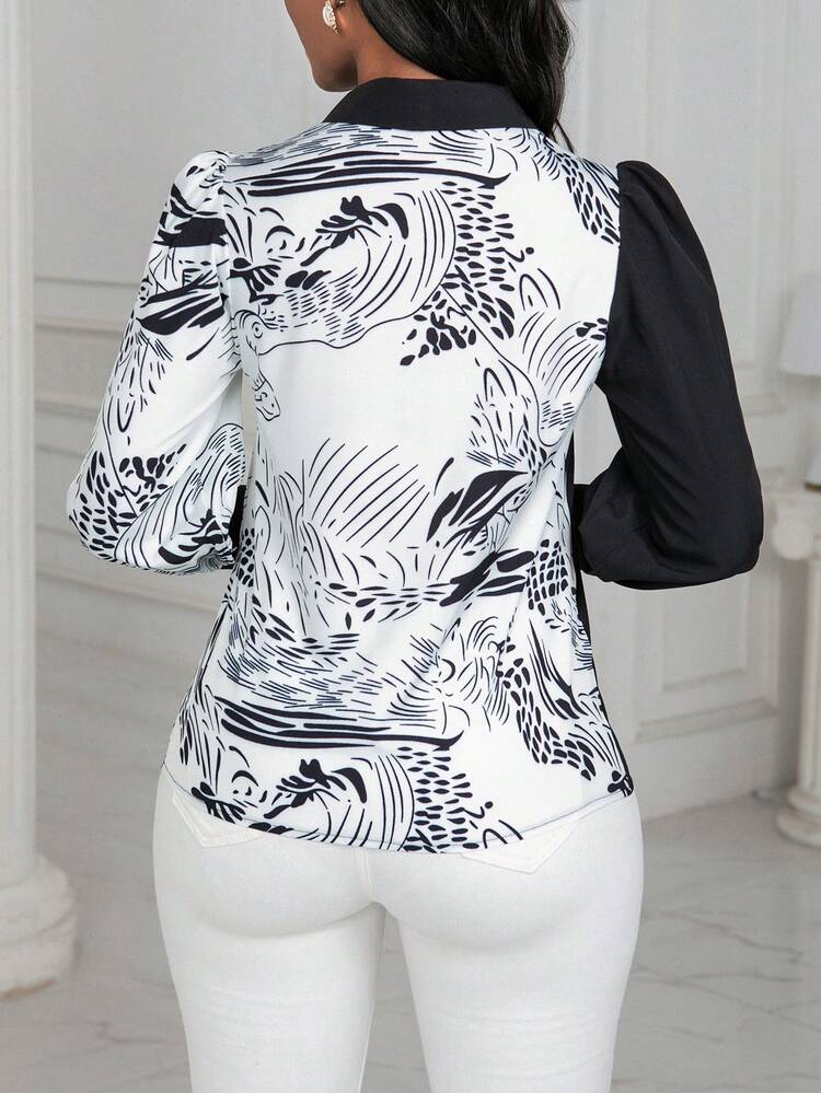 V-neck Lantern Sleeve Two-color Shirt