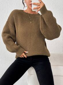 SHEIN Essnce Drop Shoulder Ribbed Knit Sweater - Khaki - View 4