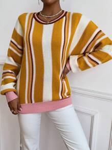 SHEIN LUNE Striped Pattern Batwing Sleeve Knit Pullover Fall Winter Sweater - Multicolor - View 5