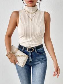 SHEIN Frenchy Mock Neck Ribbed Knit Tank Top - Apricot - View 5