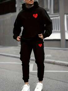 Manfinity VCAY Men Heart Print Hoodie & Sweatpants - Black - View 1