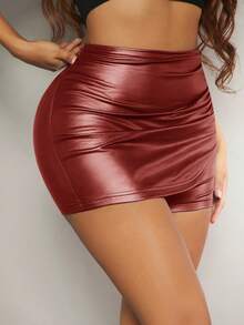 SHEIN SXY Của phụ nữ Da giả Skorts - Màu Đỏ Sâu - Xem 4