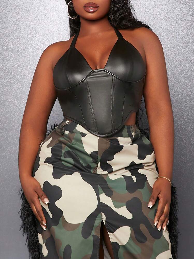 SHEIN Slayr Parte superior de halter de PU con bajo asimétrico para talla grande - Negro - Añade 1