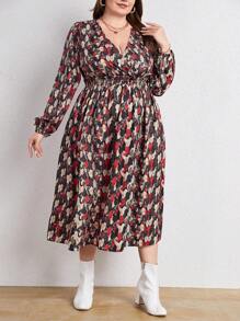 SHEIN Frenchy Plus Allover Print Surplice Neck Lantern Sleeve Dress - Black - View 3