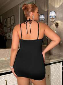 SHEIN ICON 凸顯前面空心蕾絲露背緊身裙 - 黑色 - 查看 2