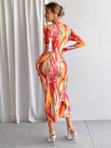 SHEIN Privé Allover Print Split Thigh Bodycon Dress - Multicolor - View 3