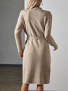 SHEIN Frenchy Cổ giả Vá Túi Viền chia cắt Thắt lưng Đầm Áo len - Màu nâu  Mocha - Xem 2
