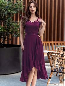 MIUSOL Contrast Floral Lace Ruffle Hem Chiffon Cocktail Party Swing Dress - Maroon - View 3