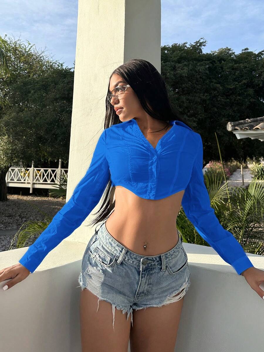 SHEIN SXY Solid Button Front Crop Shirt - Royal Blue - View 1