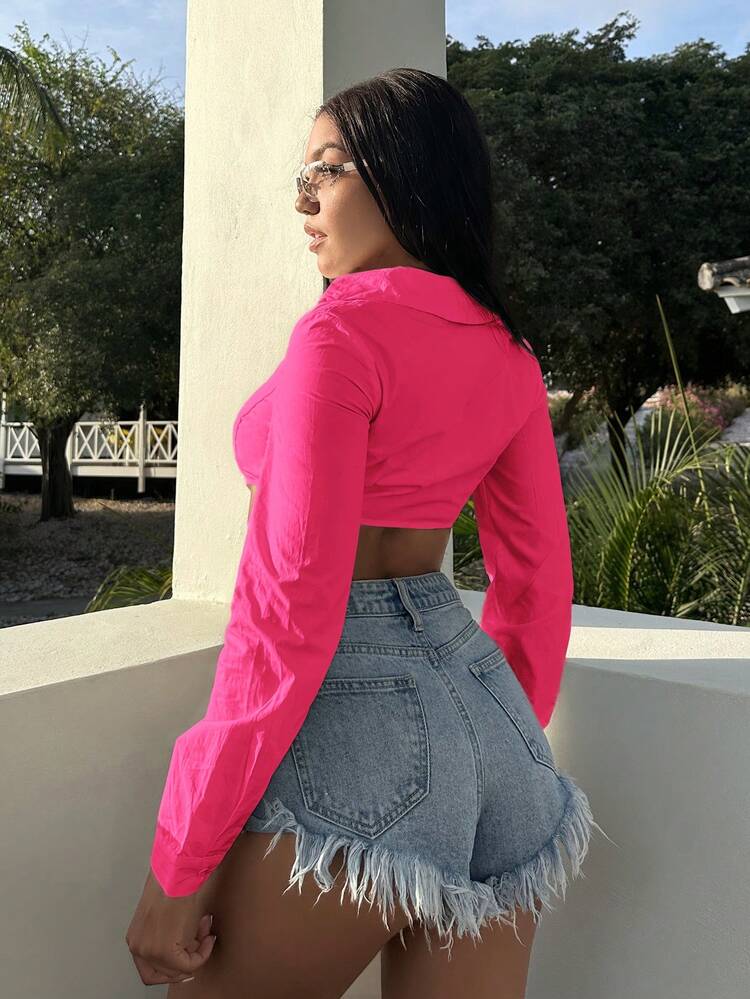 Women's Button Down Collar Longline Cropped Shirt