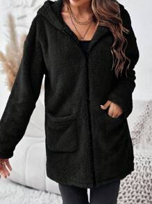 SHEIN LUNE Dual Pocket Hooded Teddy Coat In Fall/Winter - Black - View 7
