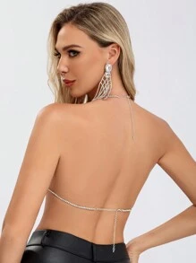 SHEIN Allurite 水鑽裝飾繞頸短上衣 - 銀色 - 查看 2