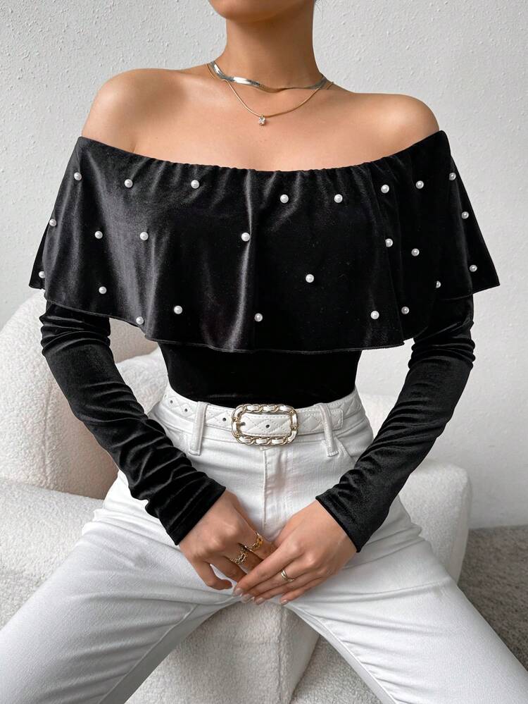 Women's Off Shoulder Embellished Bodysuit With Ruffle Hem