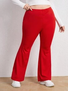 SHEIN EZwear Plus Solid Ruched Flare Leg Leggings - Red - View 5