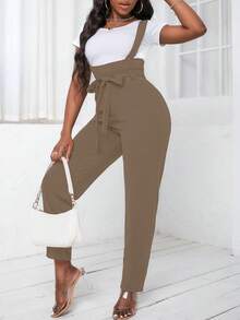 SHEIN Slayr Màu thuần Bowknot Hình nón Quần yếm - Màu Khaki - Xem 3
