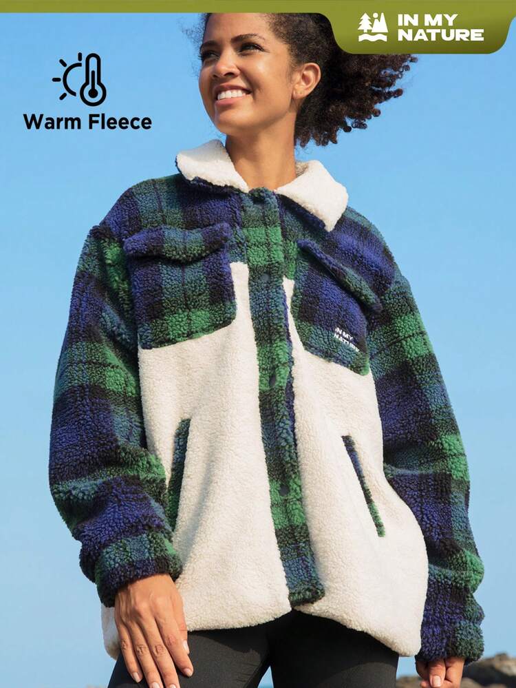Plaid Print Borg Collar Drop Shoulder Flap Pocket Thermal Lined Jacket