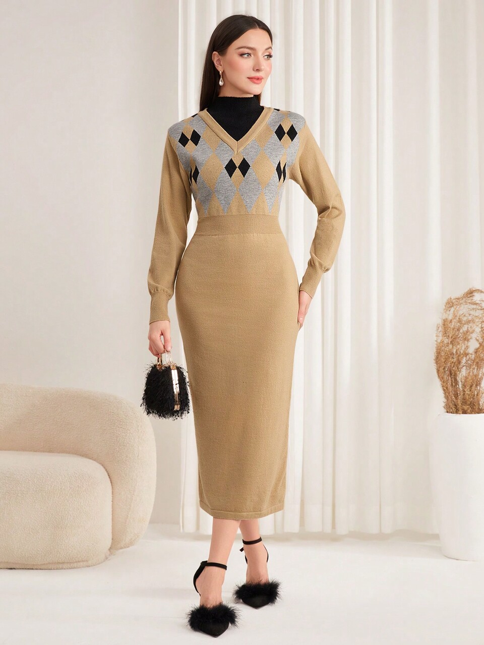 Diamond Pattern Stand Collar Knitted Dress