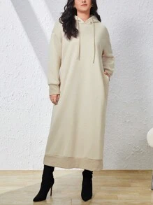 SHEIN Essnce 大尺寸純色抽繩連帽衛衣連身裙 - 杏色 - 查看 3