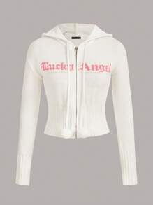 SHEIN ICON Letter Graphic Zip Up Dây rút có mũ trùm đầu Áo len có mũ trùm đầu - trắng - Xem 7