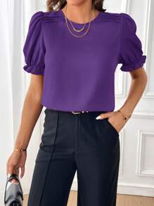 SHEIN Essnce Solid Puff Sleeve Blouse,Short Sleeve Tops - Violet Purple - View 4