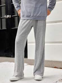 Manfinity Homme Pantalones Sueltos De Pierna Recta Con Cintura Con Cordón Para Hombres - Gris Claro - Ver 4