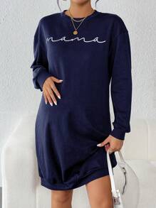 SHEIN Thai sản In Đồ họa Thả vai Đầm nỉ - Màu xanh hải quân - Xem 1