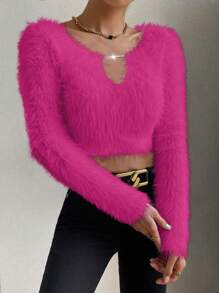 SHEIN Essnce Rhinestone Detail Fluffy Knit Crop Sweater - Hot Pink - View 1